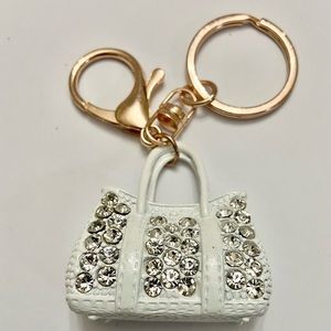2-Way, White Enamel-Clear Rhinestone Handbag Charm- Key Chain